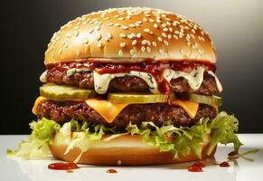 ai generativ dubbel- hamburgare isolerat på vit bakgrund färsk burger snabb mat med nötkött och grädde ost realistisk bild, ultra hd, hög design mycket detaljerad foto