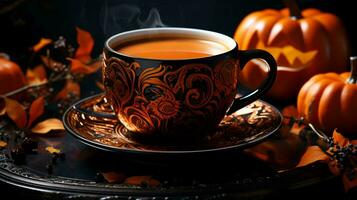 en råna av varm kaffe eller te med pumpor med skrämmande ansikten för halloween foto