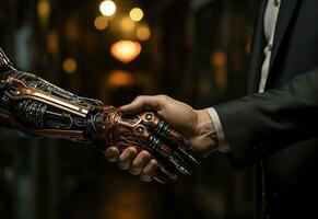 ai generativ handskakning, ett mänsklig manlig hand, ett robot hand i ett kontor bakgrund foto