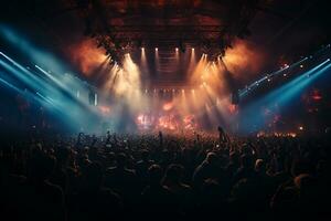 ai generativ fullt med folk konsert skede landskap med spotlights och färgad lampor realistisk bild, ultra hd foto