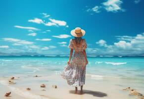 ai generativ ung turist kvinna i sommar klänning och hatt stående på skön sandig strand. söt flicka njuter foto