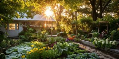 ai genererad. ai generativ. natur utomhus- exteriör hus trädgård med mysigt tabell med många växter blommor. grafisk konst foto