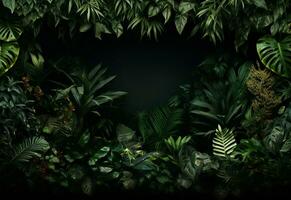 ai generativ skön djungel bakgrund med gräns tillverkad av tropisk löv bakgrund med kopia Plats foto