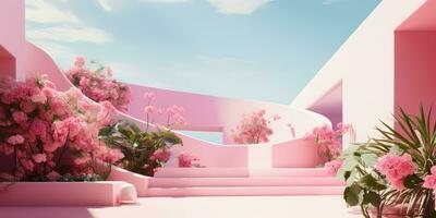 ai genererad. ai generativ. rosa vägg botanisk blommor växt arkitektur. lyx mysigt minimal atmosfär bakgrund. grafisk konst foto
