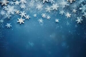 blå jul bakgrund med snöflingor och tömma Plats. kopia Plats för din text. glad jul, Lycklig ny år. festlig bakgrund. generativ ai. foto