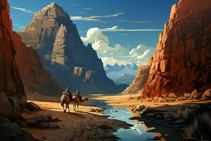 vektor platt Färg tecknad serie illustration av kamel husvagn, beduiner vandra genom de öken- till de egyptisk pyramider foto