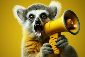 en kreativ begrepp, en rolig lemur utövar en gul uppmärksamhet gripa tag i högtalare ai genererad foto