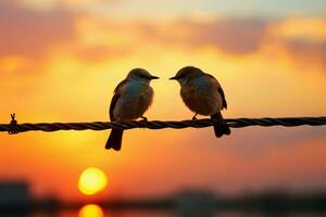 fåglar suddig silhuetter på tråd, solnedgång nyanser, förälskelser poetisk panorama ai genererad foto