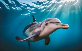 delfiner glad balett, en fascinerande glimt in i de lekfull harmoni av dessa förtjusande hav dansare. ai genererad foto