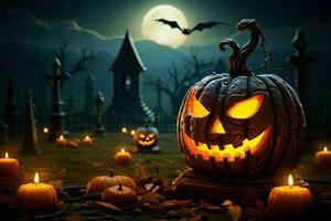 halloweens ikoniska domkraft o lykta en rolig än skrämmande lysande pumpa spöke ai genererad foto