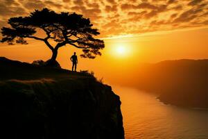 Cliffside lugn, silhouetted träd och man form lugn, solnedgång scen ai genererad foto