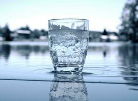 häller vatten in i en glas mot de natur bakgrund. skapas med generativ ai teknologi. foto