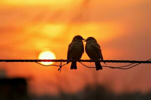 silhouetted fågel par finner kärlek på trådar mot solnedgångar duk ai genererad foto