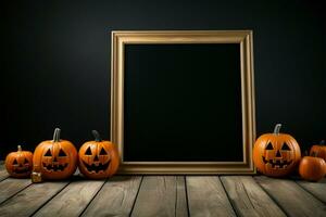 svarta tavlan stå, halloween pumpor, på en trä- golv mot svart ai genererad foto