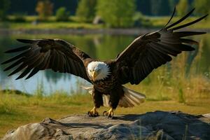 eagles flyg och precision landning, en fantastisk närbild skådespel ai genererad foto