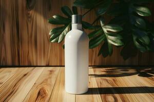 minimalistisk estetik vit flaska på en texturerad trä- golv ai genererad foto