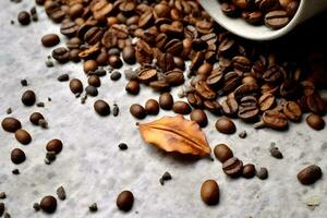 kopp av kaffe med kaffe bönor och blad. generativ ai foto