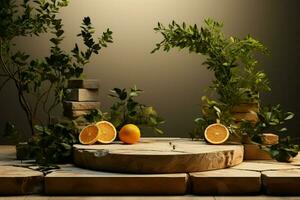 organisk monter, tömma attrapp skede Utsmyckad med sten, apelsiner, och oliv löv ai genererad foto
