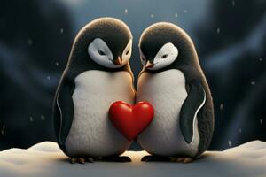 valentines dag pingvin par, en charmig val för februari 14:e ai genererad foto