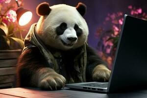 charmig panda, sportslig glasögon, bredvid ett öppen bärbar dator ai genererad foto