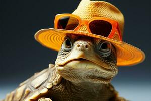 Häftigt sköldpadda mode, sugrör hatt atop huvud, nyanser för Lagt till stil ai genererad foto
