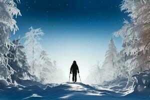man skidor graciöst mitt i snö täckt skog, en lugn vintertid fly ai genererad foto
