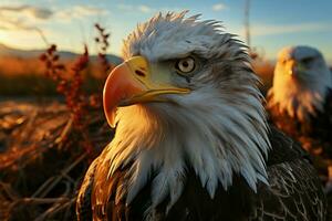 eagles stänga upp under en Sol uppblött dag i de expansiv fält ai genererad foto