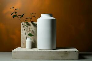 betong bas stöder en ren vit flaska, urban minimalism ai genererad foto