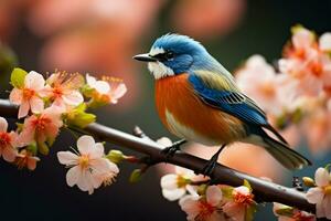 blå och orange fågel på en blomstrande gren ai genererad foto