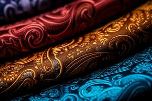 stänga Posten highlighting detaljerad paisley mönster på en mängd av textil- material foto