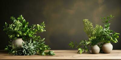 ai genererad. ai generativ. grön färsk skön blomma växter på trä- tabell och vägg. falsk upp dekorativ mall. grafisk konst foto