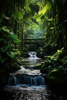frodig tropisk djungel med cascading vattenfall foto