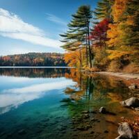 lugn sjö reflekterande färgrik höst träd foto