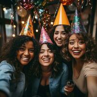 vänner tar en selfie med fest hattar foto