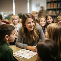 lärare ledande en diskussion med engagerad studenter foto