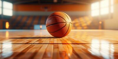 ai genererad. ai generativ. basketboll spel sport arena stadion domstol på strålkastare med korg boll på golv. grafisk konst foto