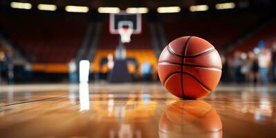 ai genererad. ai generativ. basketboll spel sport arena stadion domstol på strålkastare med korg boll på golv. grafisk konst foto