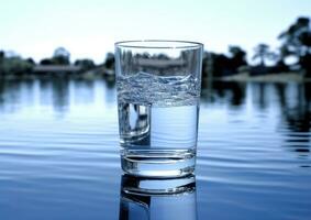 häller vatten in i en glas mot de natur bakgrund. skapas med generativ ai teknologi. foto