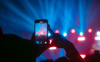 människor innehav smart telefon och inspelning och fotografering i konsert , silhuett av händer med mobil , händelse bakgrund begrepp foto