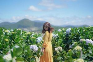vacker asiatisk kvinna i gul klänning promenad i hortensia blommor trädgård foto