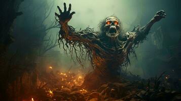 zombies stiga från de död- i en mörk skrämmande skog på natt och dra deras händer ut av de jord för de halloween Semester foto