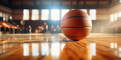 ai genererad. ai generativ. basketboll spel sport arena stadion domstol på strålkastare med korg boll på golv. grafisk konst foto