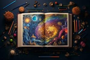 öppen bok med fantasi planet, pennor och stjärnor på mörk blå bakgrund, tillbaka till skola begrepp. öppen anteckningsbok med skola förnödenheter, ai genererad foto