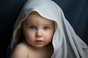 söt bebis pojke med blå ögon i vit handduk på mörk bakgrund, bebis under en handduk, ai genererad foto