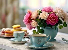 närbild av små rosa blommor bukett i glas vas med suddig mjuk fokuserade bakgrund av rosa kopp av te eller kaffe och öppnad bok förbi de fönster. skapas med generativ ai teknologi. foto