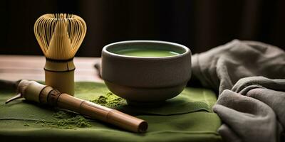 ai genererad. ai generativ. traditionell japansk asiatisk matcha te ceremoni. skål, trä- torr organisk sked pulver. grafisk konst foto