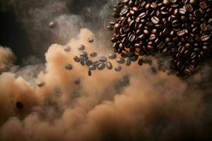flygande kaffe bönor i rök. proffs Foto