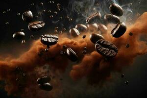 flygande kaffe bönor i rök. proffs Foto