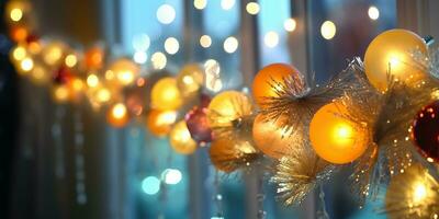 ai genererad. ai generativ. glad jul ny år xmas Semester firande ligh bollar dekoration lysande krans bakgrund. grafisk konst foto