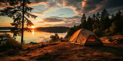ai genererad. ai generativ. camping avslappning tid tält på sjö skön landskap bakgrund. äventyr semester Flott tid. grafisk konst foto
